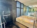 Spacious modern bathroom with a large bathtub and walk-in shower