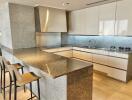 Modern kitchen with granite countertops and white cabinets