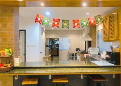 Modern kitchen with festive decorations