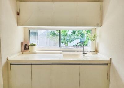 Minimalist white kitchen with large window