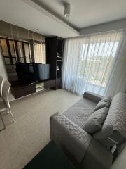 Modern living room with a couch, TV, and large window with sheer curtains