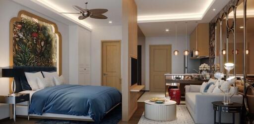 Modern studio apartment with bedroom and living area