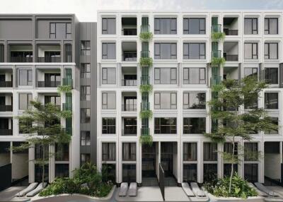Modern apartment building with greenery