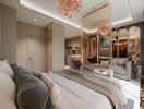 Modern bedroom with gray and white bedding, large wall mirror, and chandelier