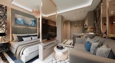 Modern bedroom and living area with a stylish design