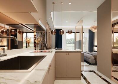 Modern kitchen with dining area view, featuring stylish lighting and sleek countertops