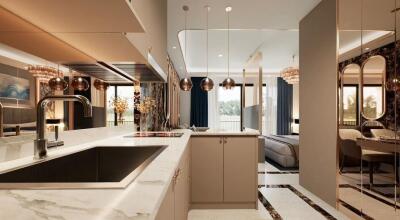 Modern kitchen with dining area view, featuring stylish lighting and sleek countertops