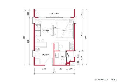 Detailed floor plan of a residential unit including a living area, bedroom, balcony, pantry, and WC