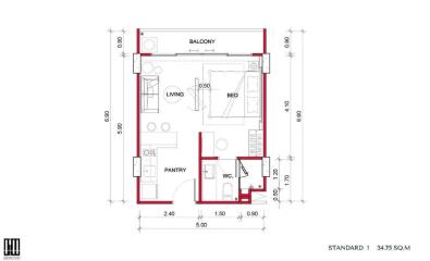 Detailed floor plan of a residential unit including a living area, bedroom, balcony, pantry, and WC