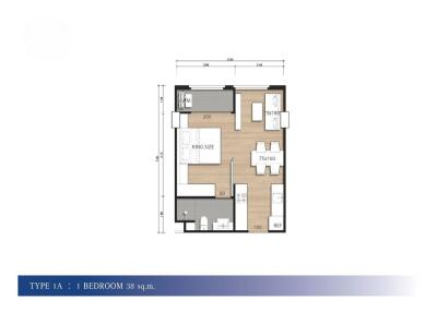 1-bedroom apartment floor plan with an area of 38 square meters