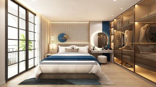 Modern bedroom with large windows and stylish decor