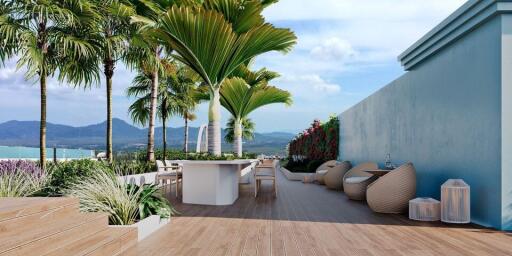 Outdoor terrace with seating and tropical plants