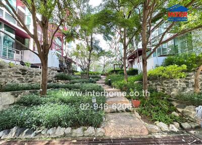 Beautiful garden area with lush greenery and trees