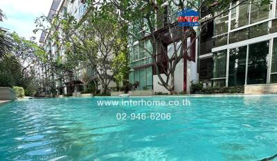 Condominium pool area with surrounding greenery and adjacent building