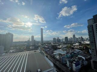 City skyline view with tall buildings on a sunny day