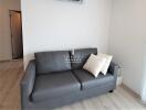 Modern living room with grey sofa