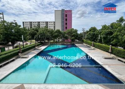 Outdoor swimming pool with trees and buildings in the background