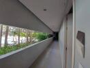 A corridor with a view of an outdoor garden and pool area