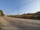 View of an empty road with power lines and surrounding greenery