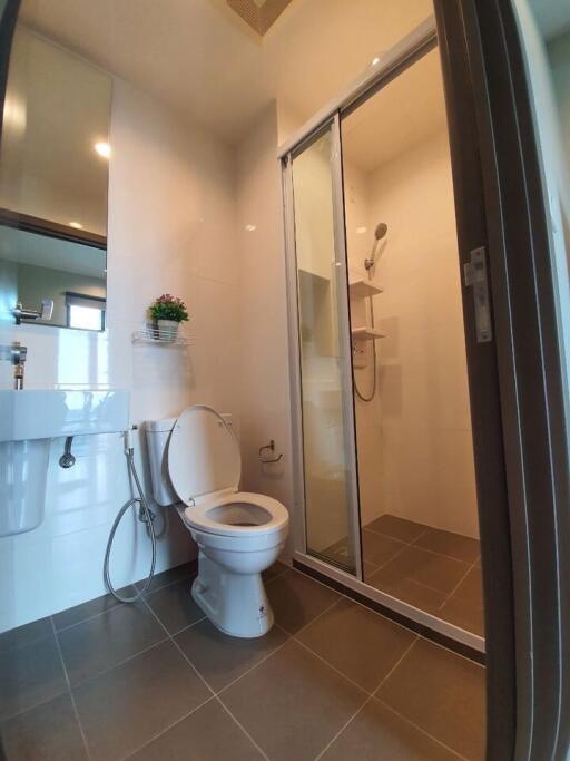 Modern bathroom with toilet, sink, and shower area