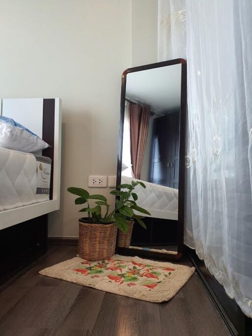 Bedroom corner with a mirror, plant, and rug