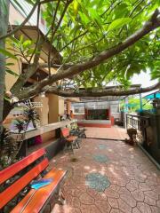 Outdoor area with seating and greenery