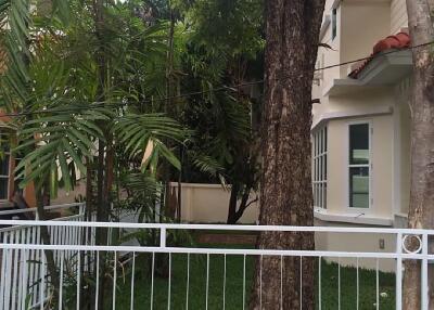 Front yard with trees and white fence