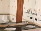 Modern bathroom with double sinks and large mirror