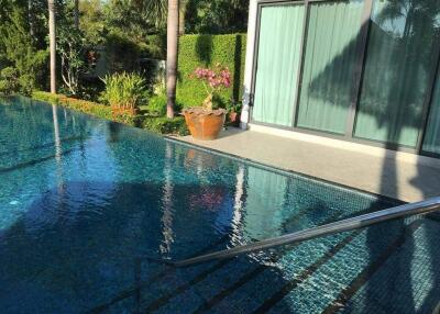 Outdoor swimming pool with surrounding greenery and sliding glass doors leading to the house