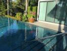 Outdoor swimming pool with surrounding greenery and sliding glass doors leading to the house