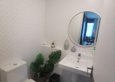 Modern bathroom with round mirror and sink