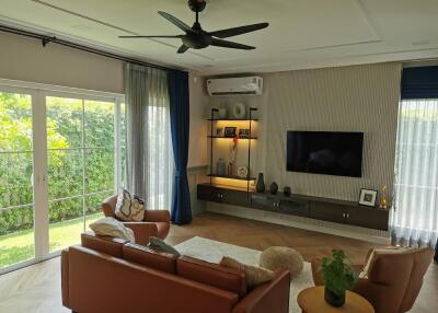 Modern living room with large windows, wall-mounted TV, air conditioner, ceiling fan, and comfortable seating
