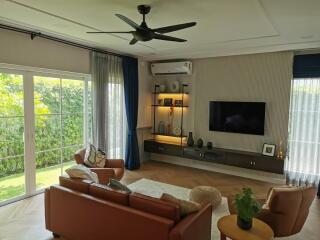 Modern living room with large windows, wall-mounted TV, air conditioner, ceiling fan, and comfortable seating