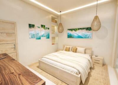 A modern bedroom with wooden furniture and tropical decor