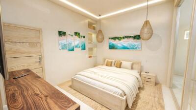 A modern bedroom with wooden furniture and tropical decor