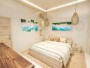 A modern bedroom with wooden furniture and tropical decor