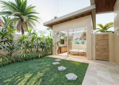 Modern outdoor area with grass, walkway and access to bedroom