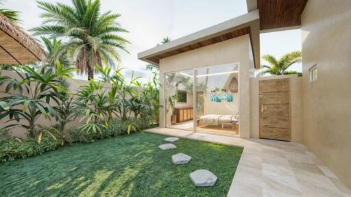 Modern outdoor area with grass, walkway and access to bedroom