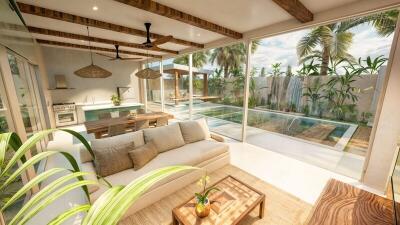 Spacious living area with a view of the kitchen, pool, and outdoor garden