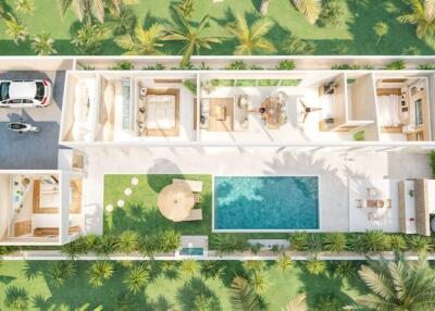 Aerial view of a modern house with an outdoor pool and surrounding greenery