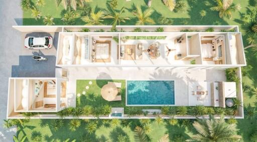 Aerial view of a modern house with an outdoor pool and surrounding greenery