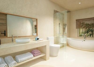 Modern bathroom with bathtub and stylish amenities