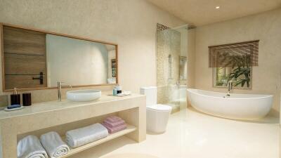 Modern bathroom with bathtub and stylish amenities