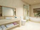 Modern bathroom with bathtub and stylish amenities