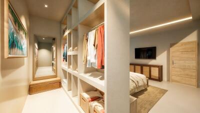 Spacious bedroom with a large walk-in closet