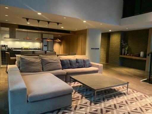 Modern living room with open kitchen and seating area