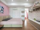 Modern bedroom with pastel colors and contemporary decor