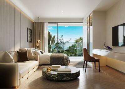Modern living room with sofa, coffee table, desk, and large sliding glass doors opening to a balcony with a view.