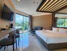 Spacious bedroom with large windows, comfortable bed, and modern furnishings