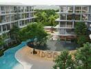 View of a modern residential complex with a swimming pool and greenery.